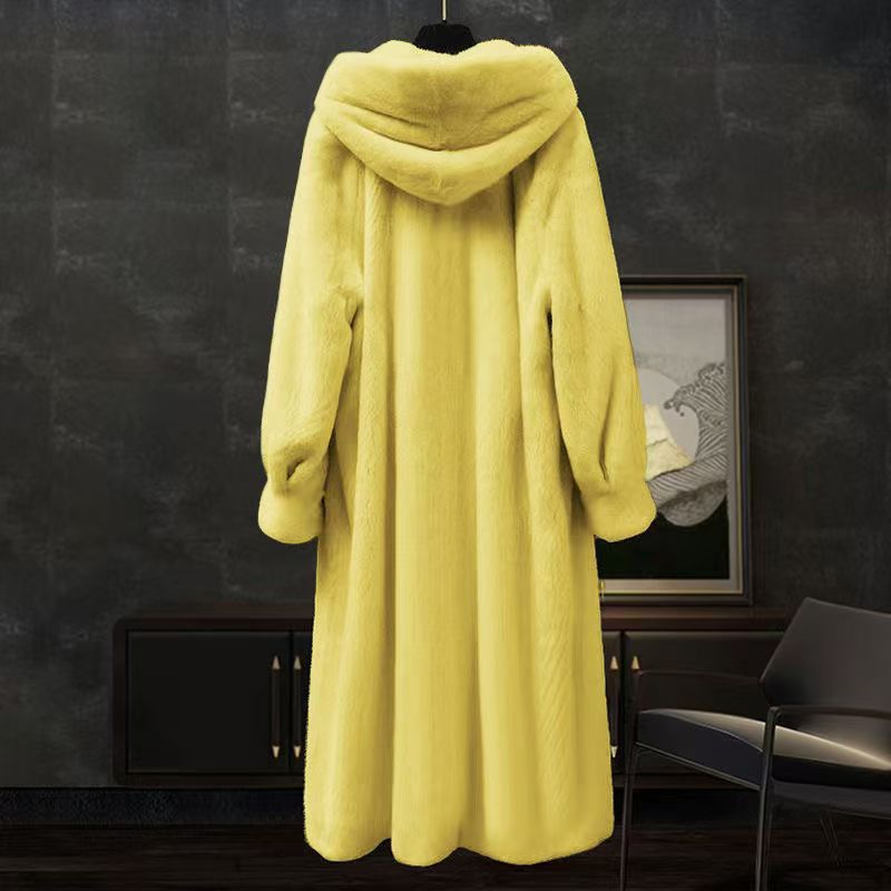 Mid-length coat in mink fur look with hood