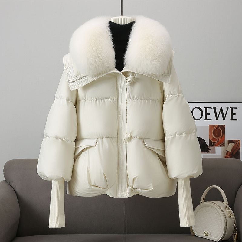 Short women's winter jacket with large lapel collar