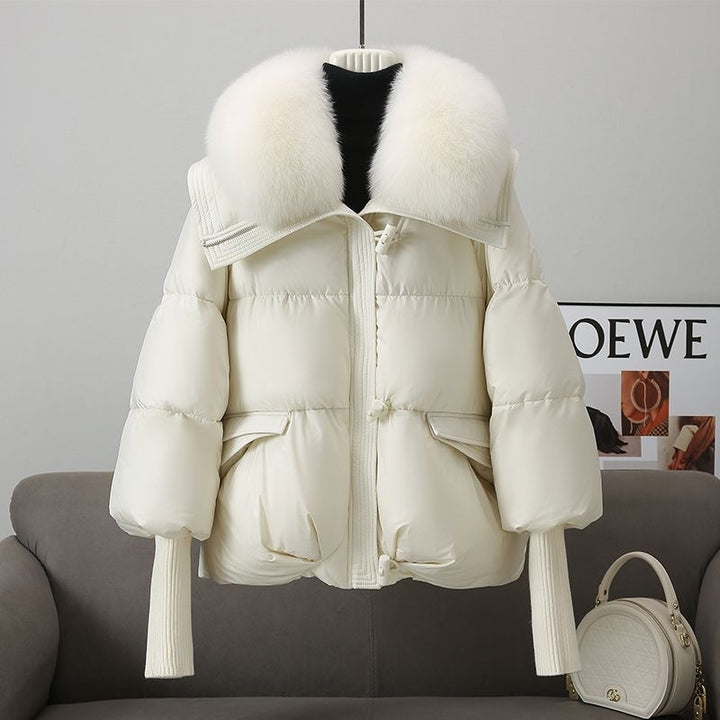 Short women's winter jacket with large lapel collar