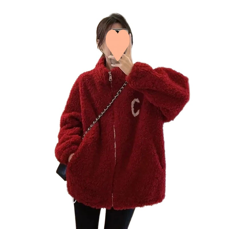 Women's baseball jacket made of lamb fleece imitation