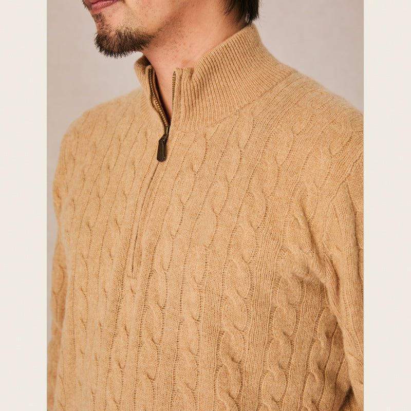 Men's Knit Sweater, Stand Collar with Zipper, Cable Pattern