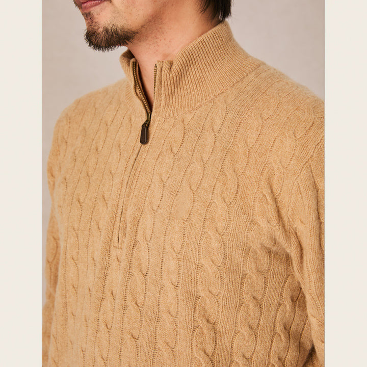 Men's Knit Sweater, Stand Collar with Zipper, Cable Pattern
