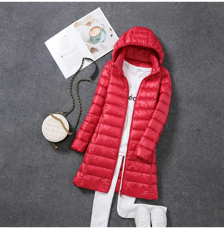 Women's down coat, mid-length, with removable hood