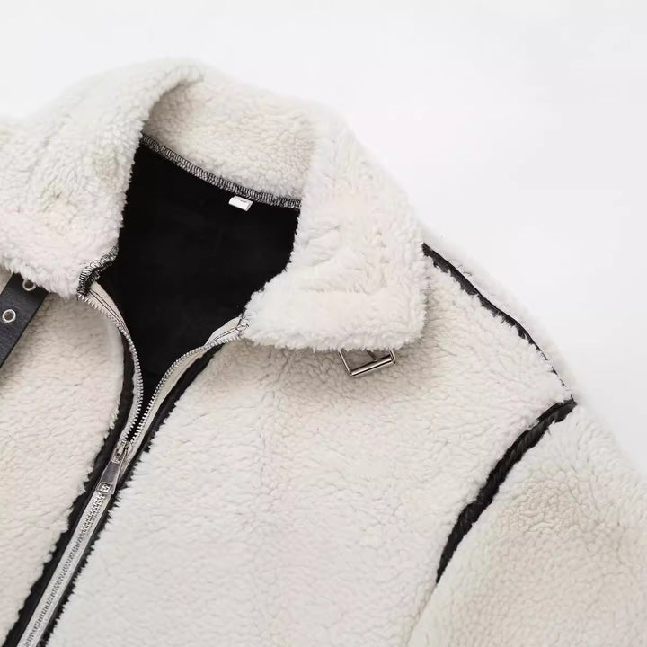 Fashionable patchwork jacket with lambskin look