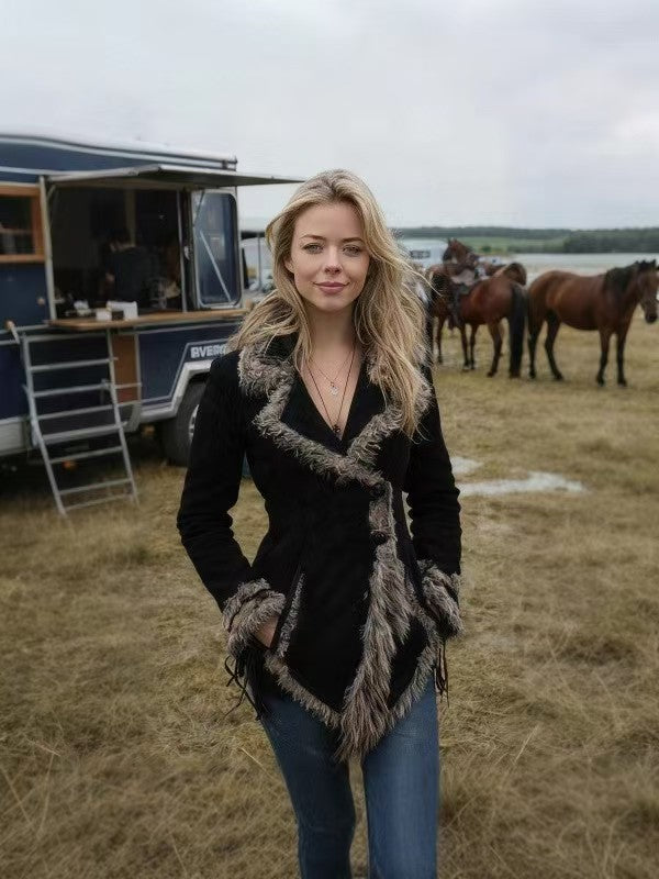Women's suede imitation jacket with fur collar and lapels