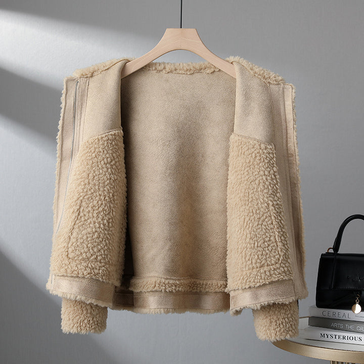 Women's Sheepskin Coat in Biker Style, Lamb Wool