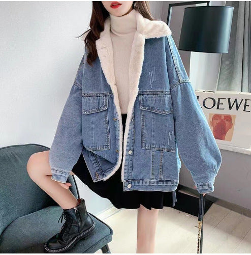 Padded denim jacket with large fur collar
