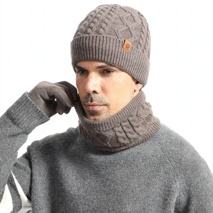 Knit set for men: beanie, scarf, and gloves
