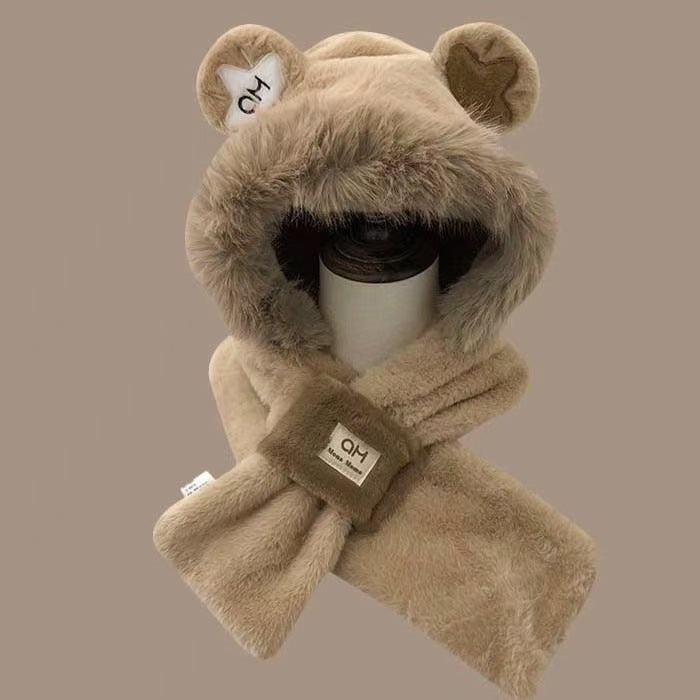 Plush hooded scarf with bear design, lined