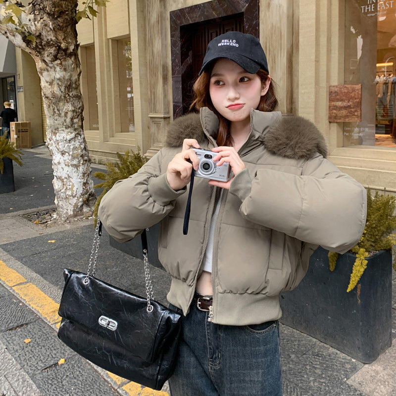 Short women's winter jacket with removable hood