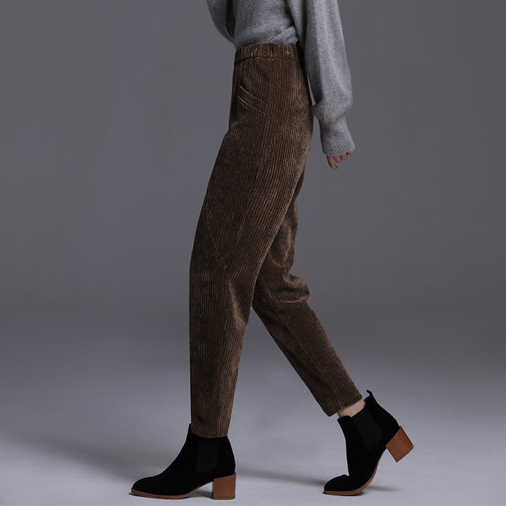 Women’s corduroy trousers, padded, high waist, carrot cut