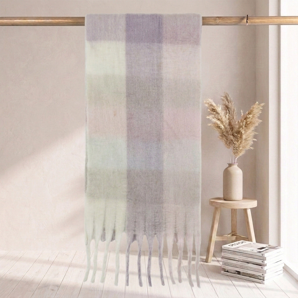 Checkered scarf in mohair look, warm for autumn and winter