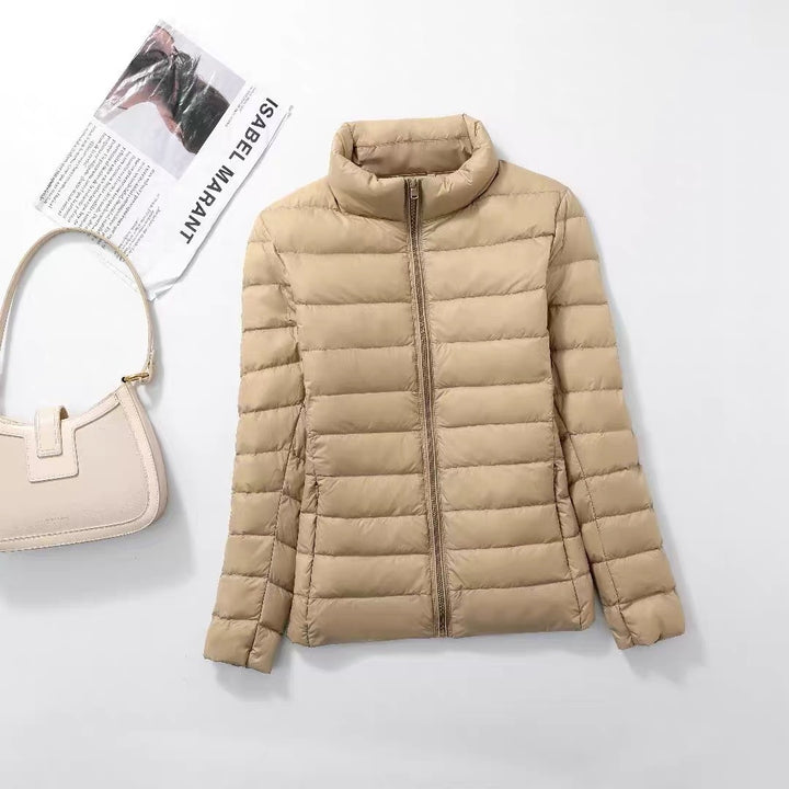 Light women's down jacket with stand-up collar, white duck down