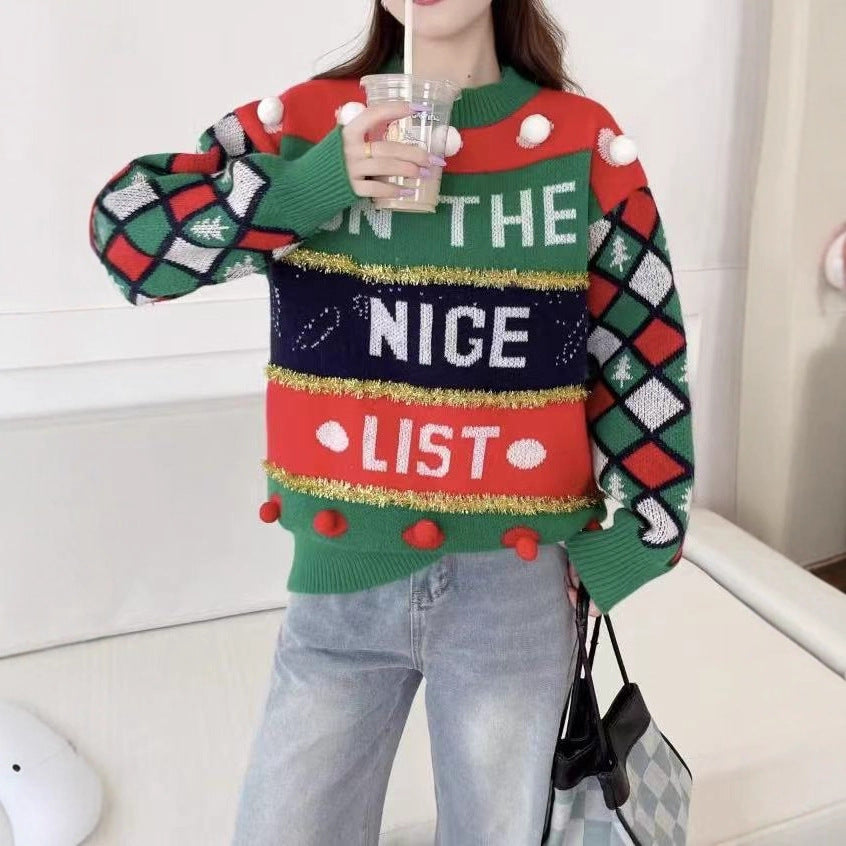 Ladies' Christmas sweater with letter jacquard and gold stripes