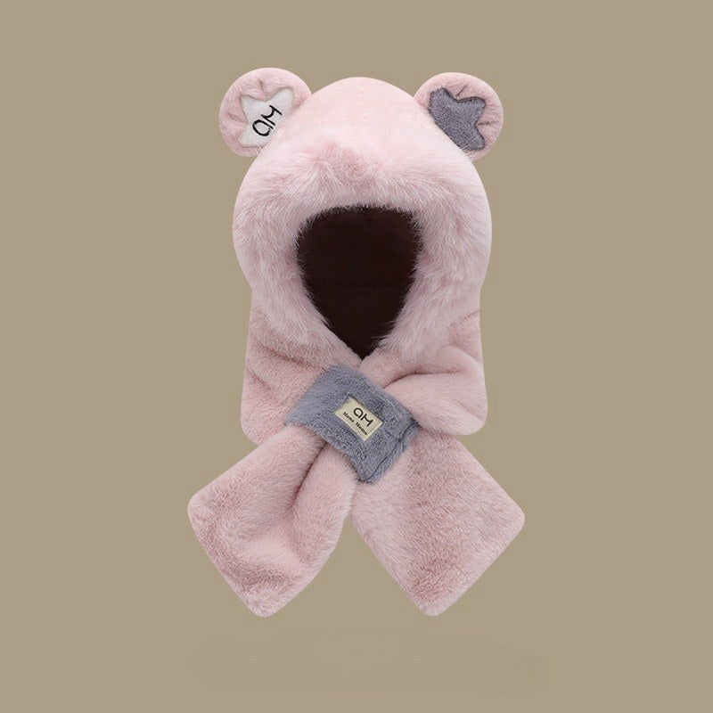 Women's Plush Hooded Scarf with Bear Design