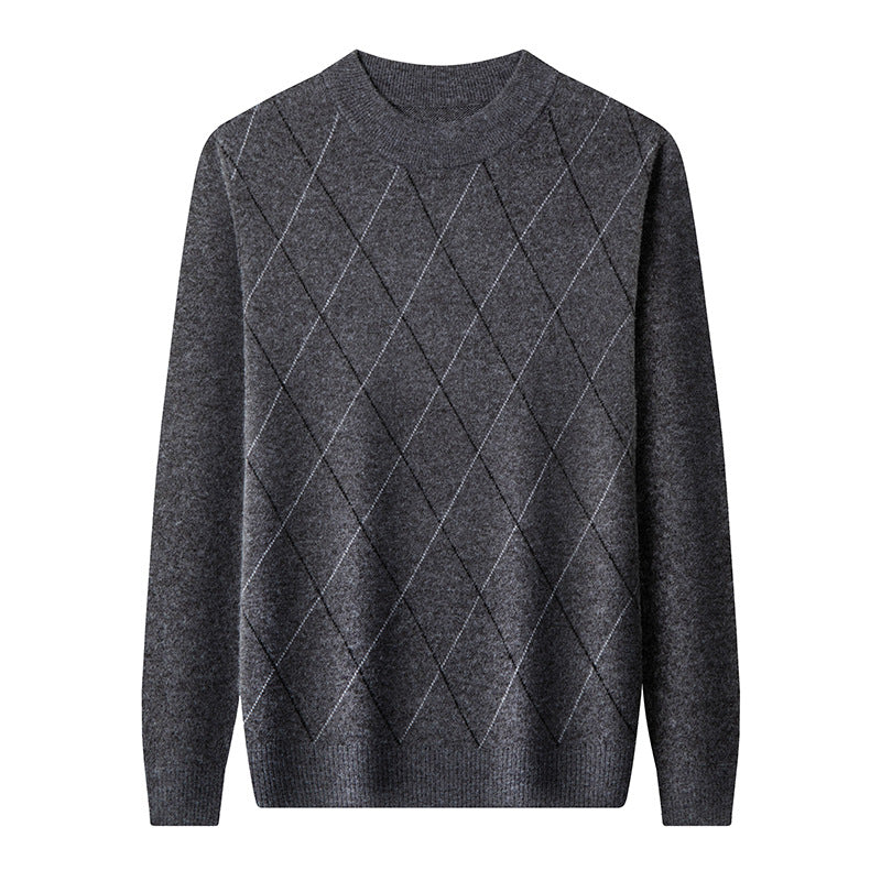 Men's wool sweater, checkered, stand collar, extra warm