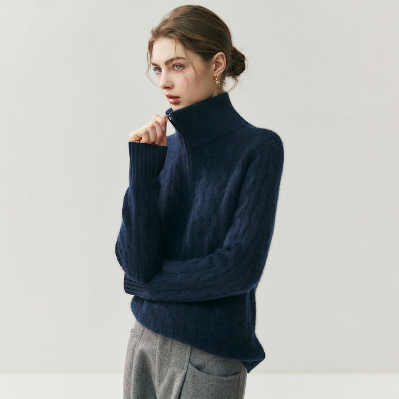 Women's knit sweater with zipper and cable pattern