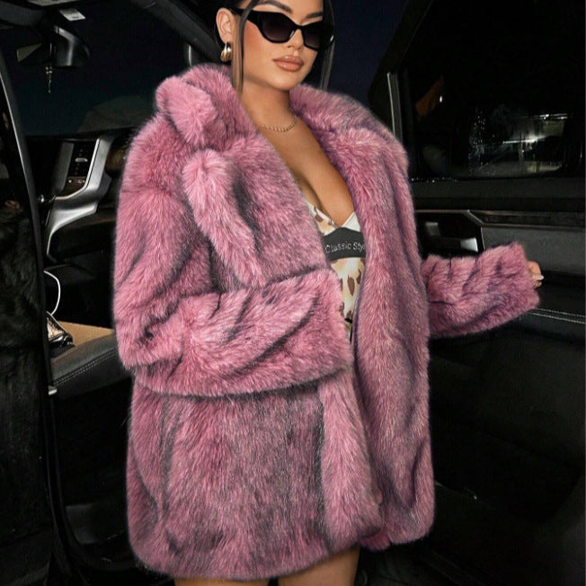 Long faux fur coat with lapel collar