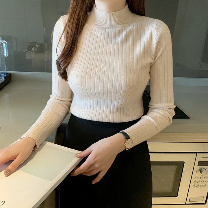 Women's knit sweater with stand-up collar, thin