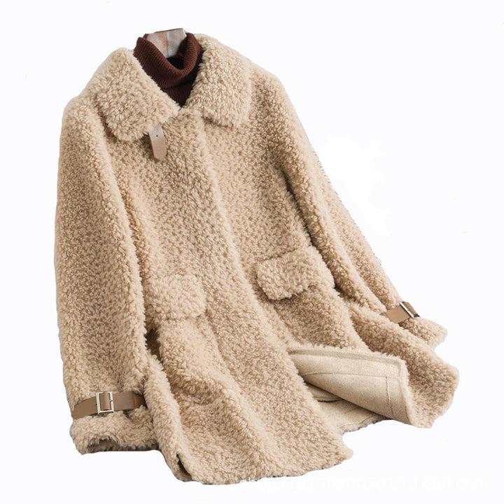 Women's coat made of lambskin imitation, medium length