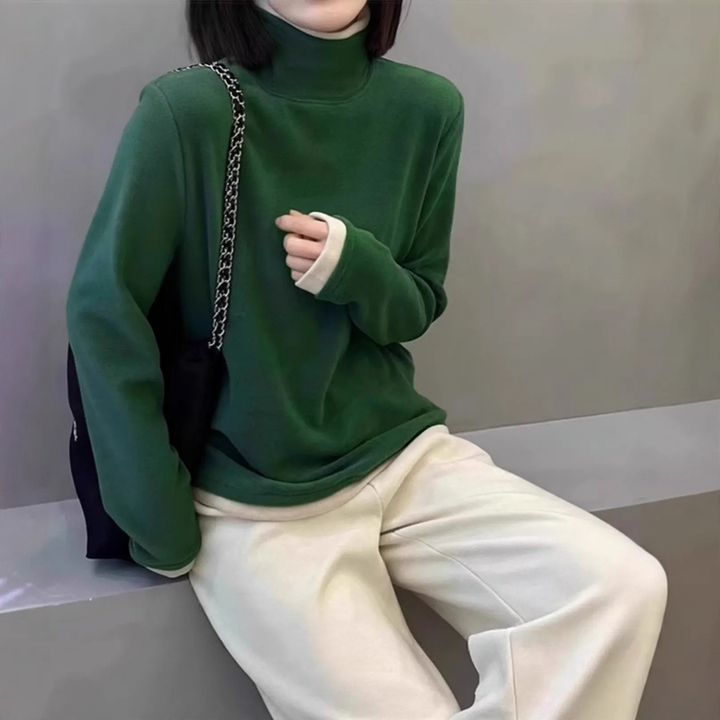 Women's long-sleeve shirt with stand-up collar and fake-layer look