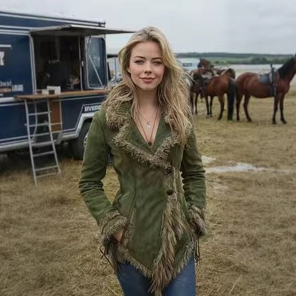 Women's suede imitation jacket with fur collar and lapels