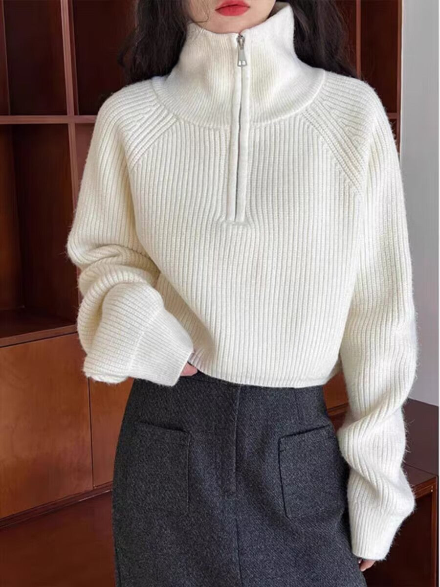 American retro knit sweater with half zipper