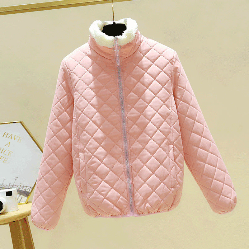 Light women's padded jacket with lambskin look and stand-up collar