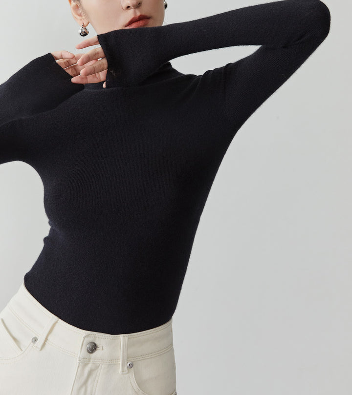 Women's cashmere sweater with stand-up collar, seamless