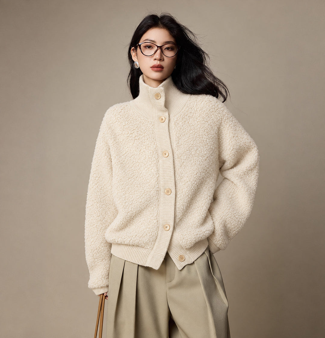 Women's wool cardigan, high-necked