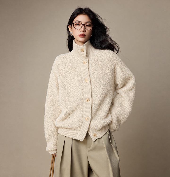 Women's wool cardigan, high-necked