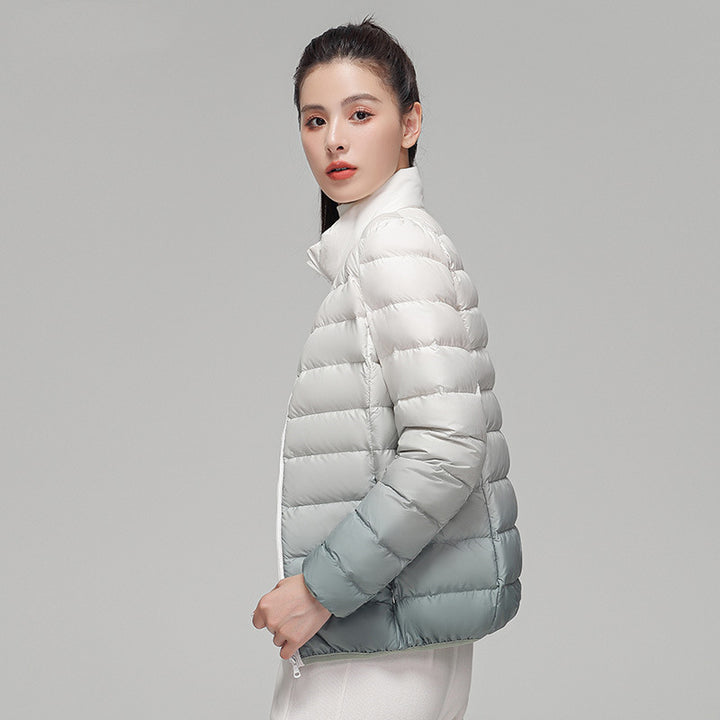Women’s down jacket, short, with stand-up collar and gradient