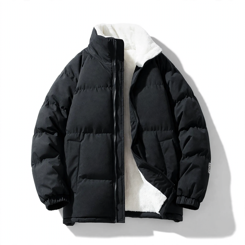Padded men's winter jacket with hood and wind protection