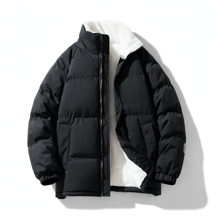 Padded men's winter jacket with hood and wind protection