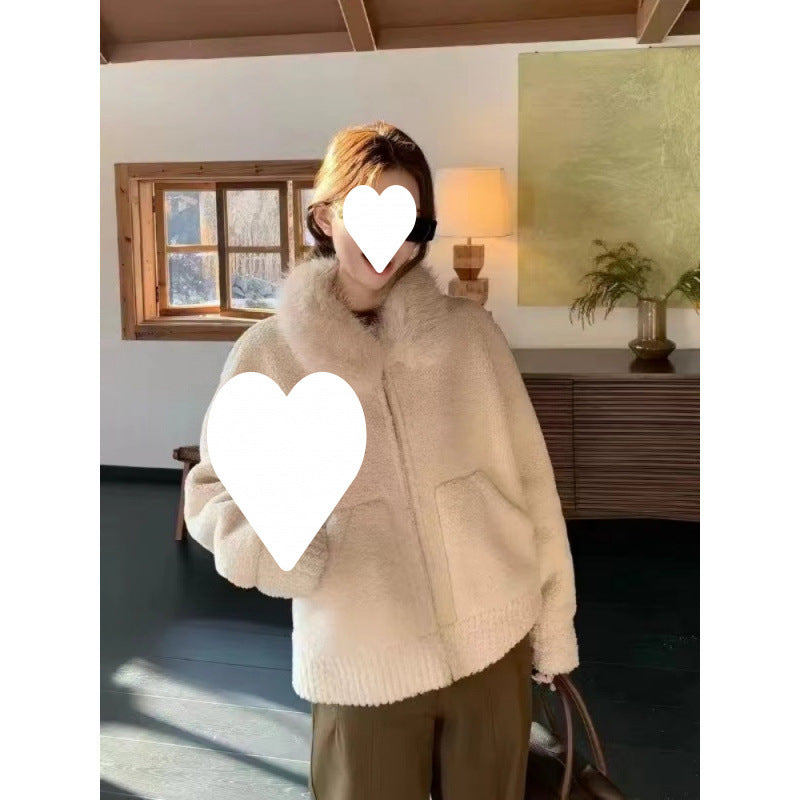 Women's shearling imitation jacket with collar