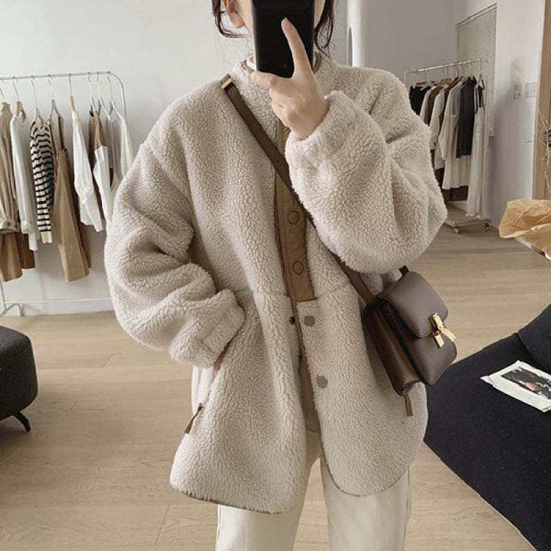 Women's lambskin imitation jacket, stand-up collar, lined