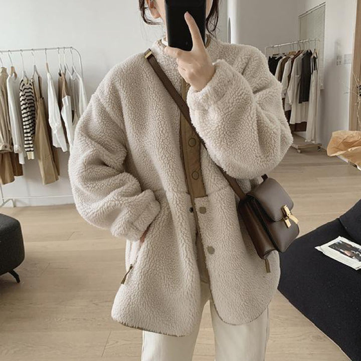 Women's lambskin imitation jacket, stand-up collar, lined