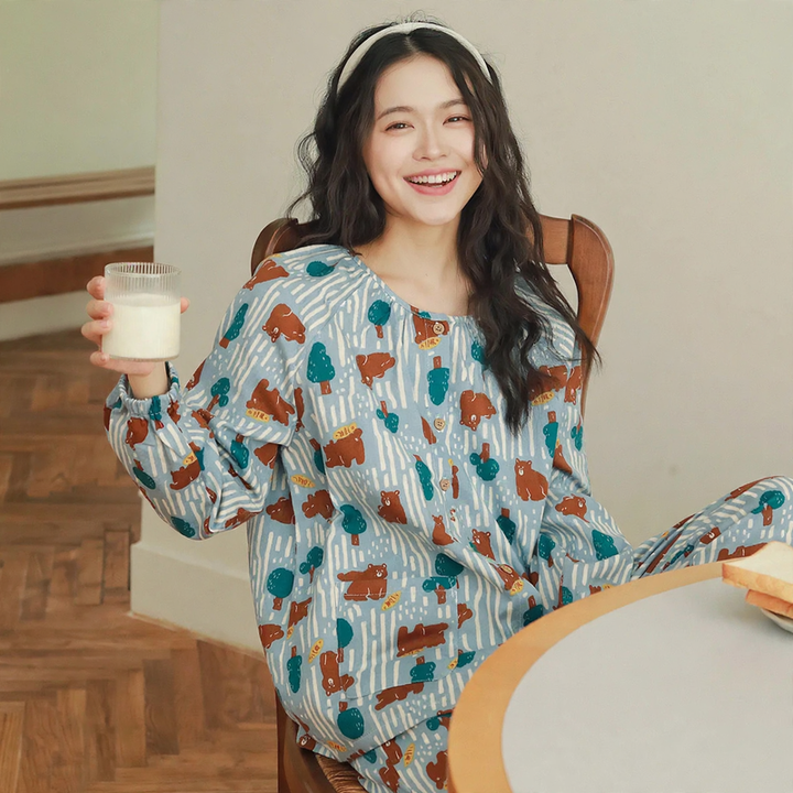 Cotton gauze pajama set for couples, long-sleeved