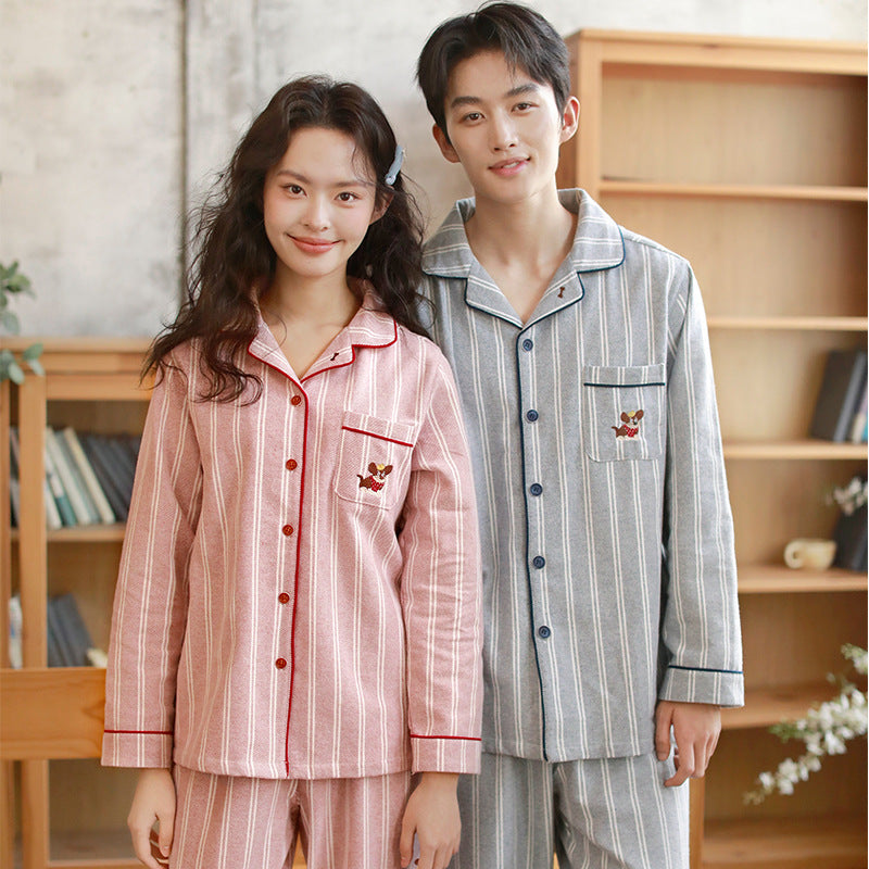 Cotton pajama set for couples, striped, embroidered