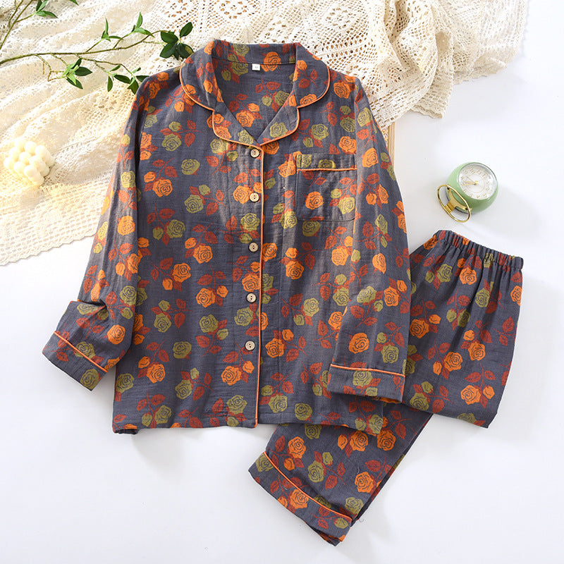 Women's loungewear suit, cotton, long-sleeved, with button placket