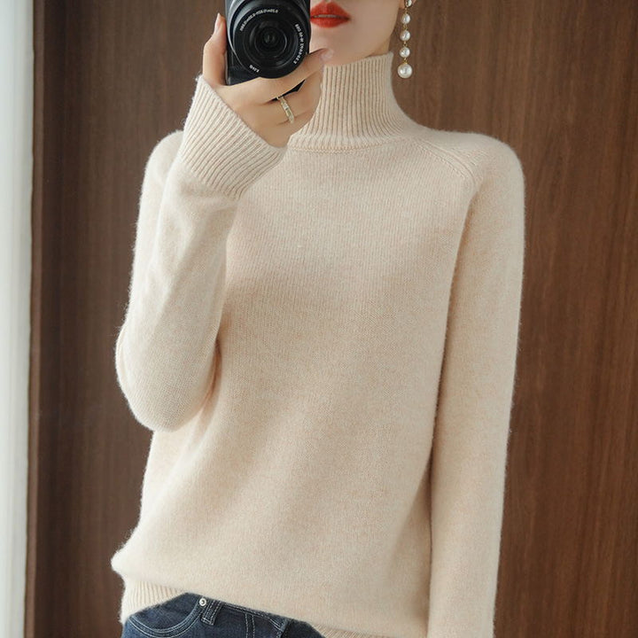 Women's knitted sweater, high collar, solid color, loose