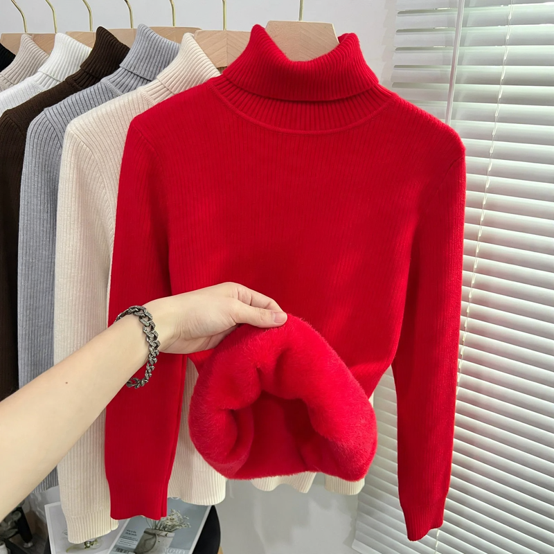 Ribbed women's turtleneck sweater, lined