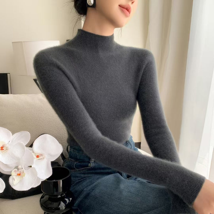 Women's cashmere sweater, stand-up collar, slim fit