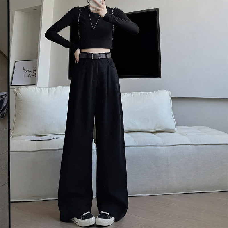Cord Wide Trousers for Women, High Waist, Straight Fit