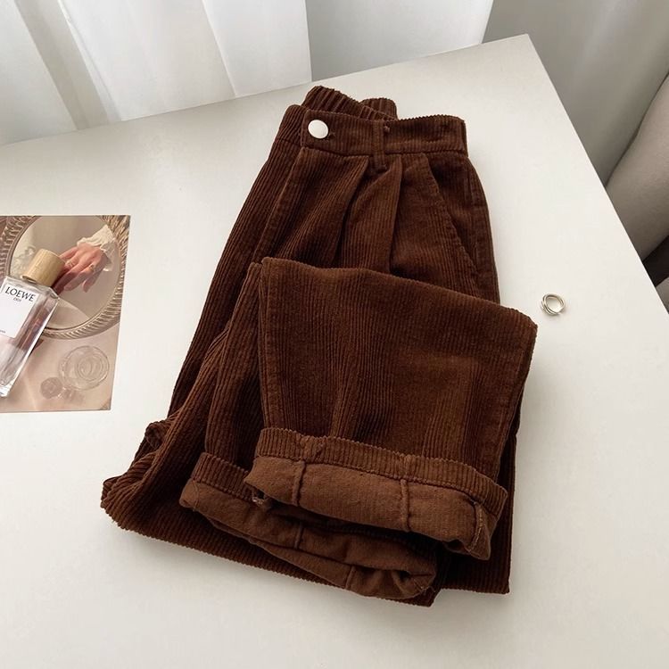 Women's corduroy pants, wide cut, high waisted, quilted