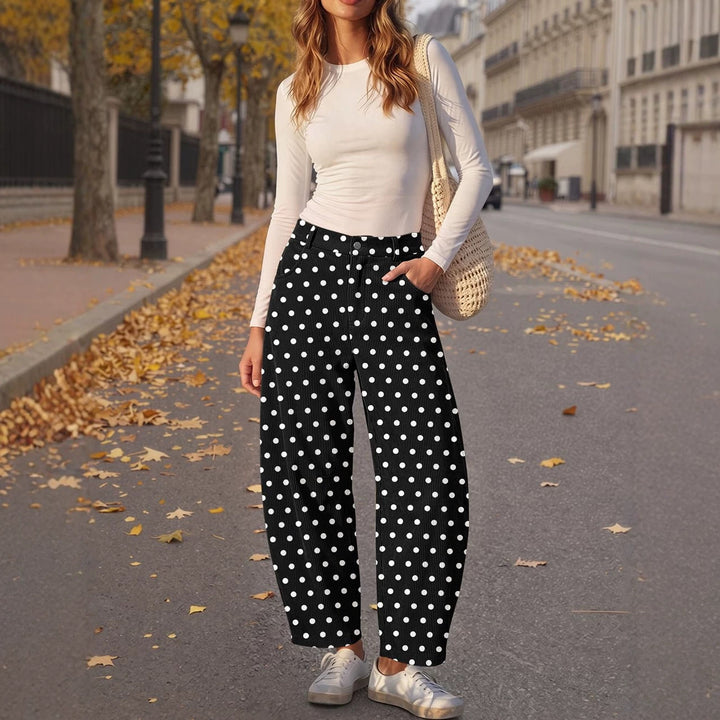 Cord pants with elastic waistband and polka dot pattern