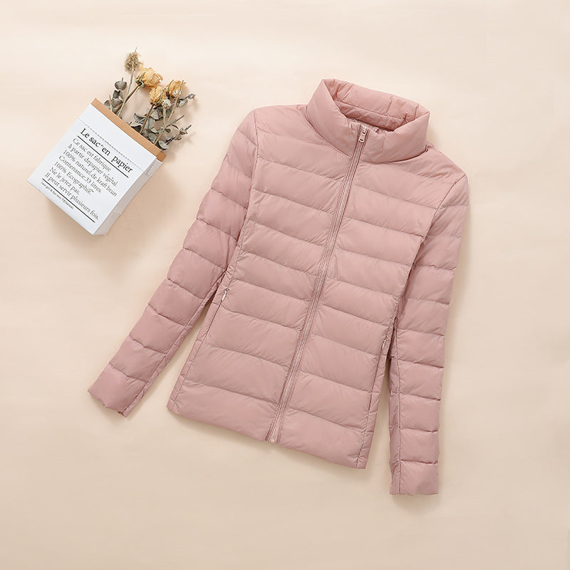 Light women's down jacket, short, with white duck down