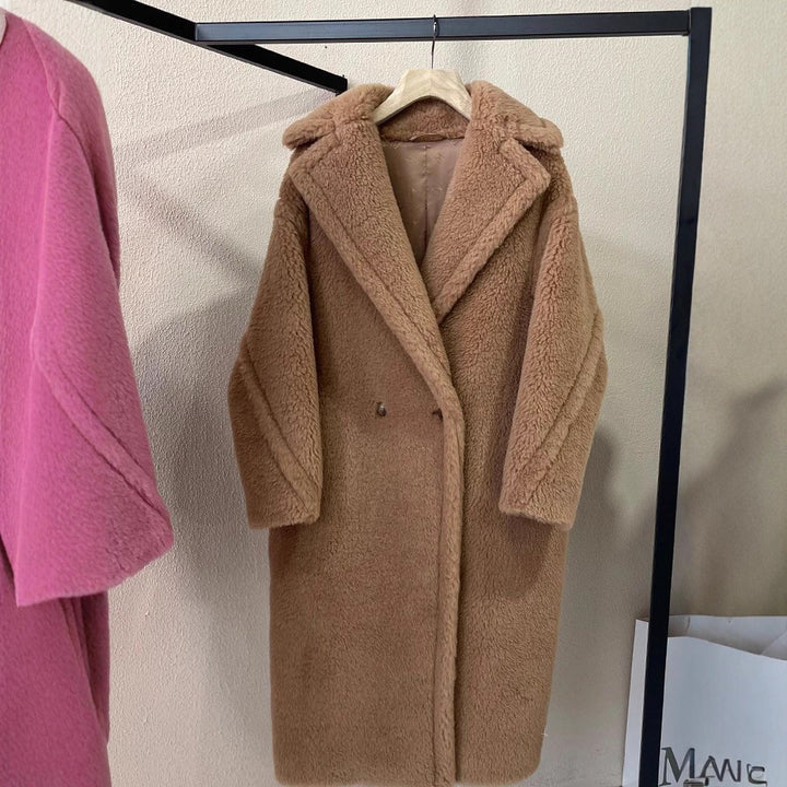 Long teddy coat made of alpaca wool, loose fit