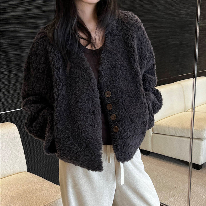 Women's short coat, lambskin look, V-neck