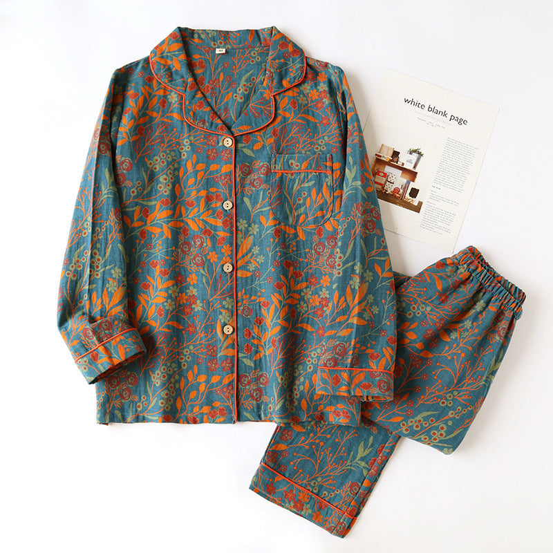 Women's loungewear suit, cotton, long-sleeved, with button placket